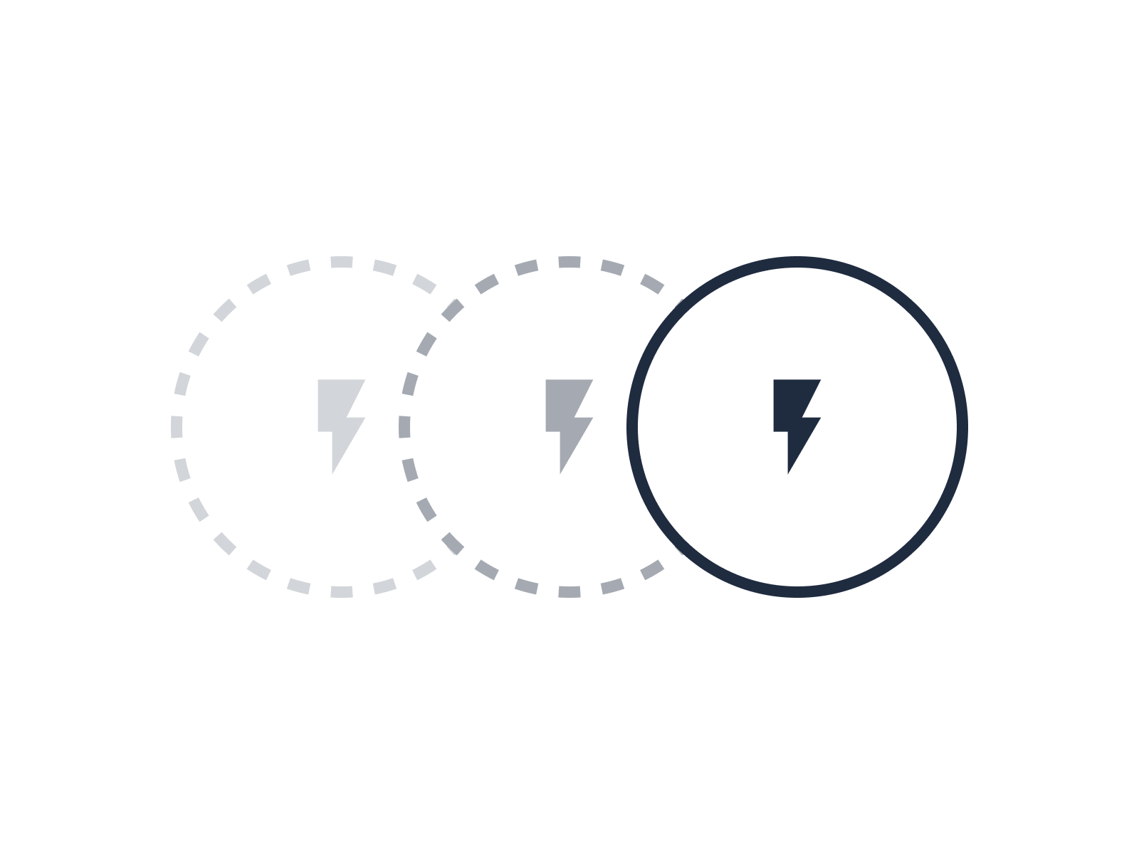 Three overlapping circles with lightning bolts, symbolizing a flashing animation.