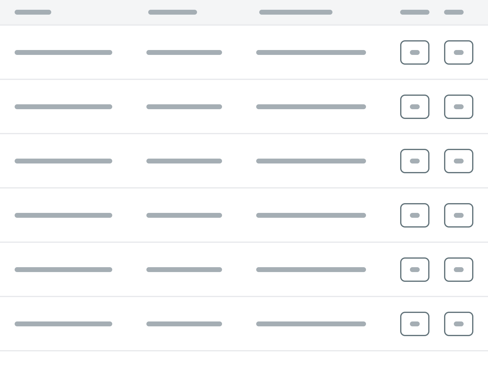 A table in which the last two columns' cells each contain a single button.