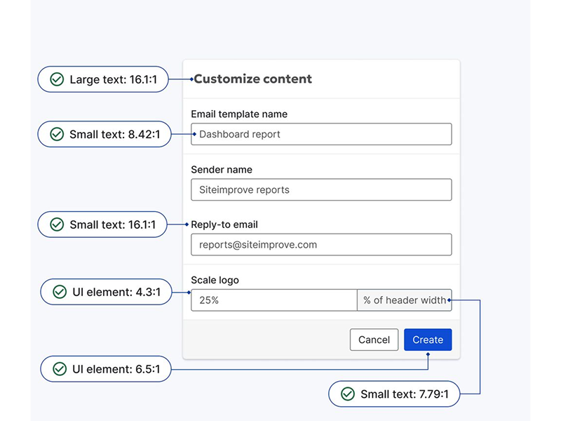 A form shows that the use of accessible color contrast ratios on large text, small text, and UI elements, ensuring readability for all users.