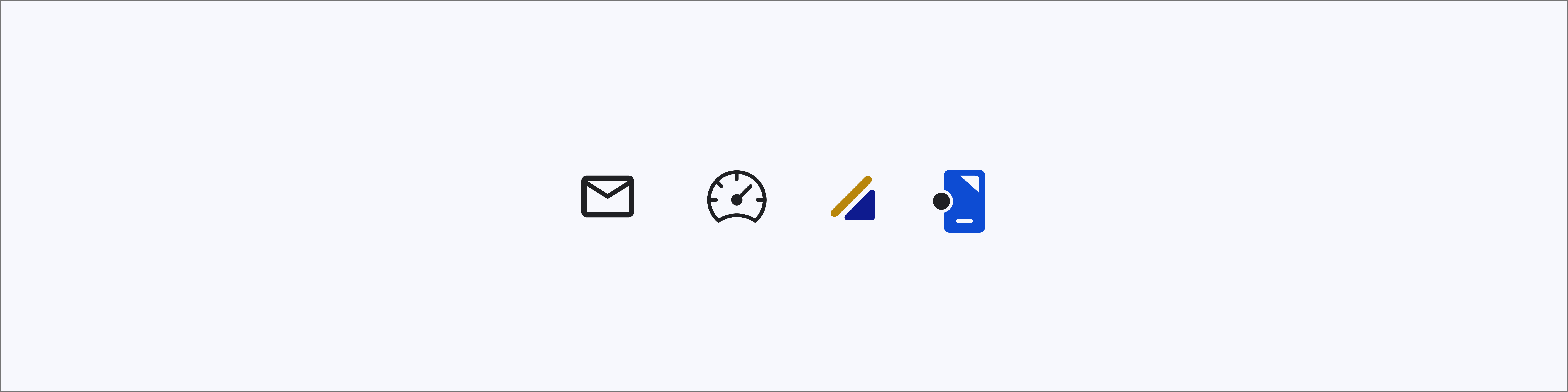 Display four sample icons in the approved design language: an envelope, a clock, a file, and a lightning bolt.